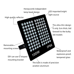 ไฟสปอตไลท์ LED กำลังสูง 100 วัตต์ มาตรฐาน IP66 สำหรับสนามกีฬากลางแจ้ง โคมไฟส่องสว่างแบบฟลัดไลท์ สำหรับสนามฟุตบอลและอุโมงค์ - Product Image 4