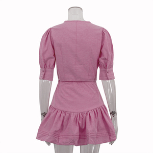 2025 boutonné haut court chemise et volants taille haute a-ligne Mini jupe <span class=keywords><strong>rose</strong></span> coton 2 pièces décontracté été ensembles pour les femmes - Product Image 5
