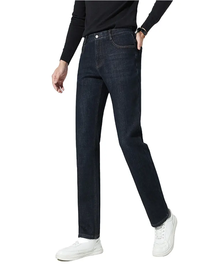Hochwertige Herren Elastic Regular Straight Jeans Baggy Business Fleece Warm halten Casual Denim Hose