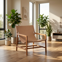 Fauteuil de jardin en teck de style mid-century modern avec revêtement en cuir beige et pieds coniques, fauteuil lounge d'extérieur de Jepara