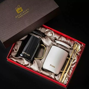 Juego de Tazas de Cerámica <span class=keywords><strong>BLW</strong></span> Procelian Oriental para Regalo de Boda u Oficina, Color Negro, Blanco y Dorado, con Asa, Tapa y <span class=keywords><strong>Cuchara</strong></span> - Product Image 1