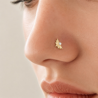 Anting Hidung Emas Asli 14K Toposh dengan Desain Bulan Sabit Lengkung dan Zirkonia Kubik CZ Motif Jaring Laba-laba untuk Tindik Hidung