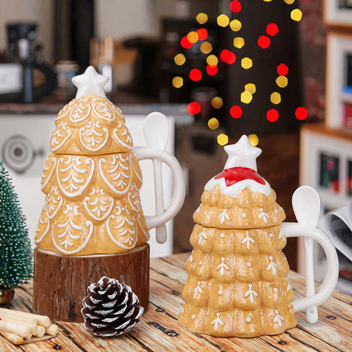 Redeco Christmas Tree Shaped 3D Coffee Ceramic Mug With Spoon Custom Cup for Festive Holiday Home Drinkware