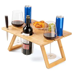 휴대용 접이식 도매 대나무 피크닉 테이블 와인, 와인 홀더이있는 피크닉 테이블