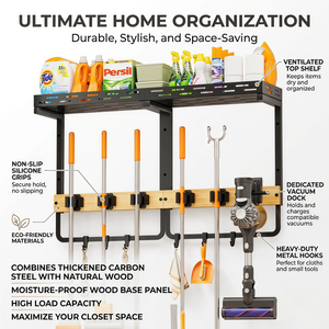 Support <span class=keywords><strong>mural</strong></span> ultime KBLEADER pour balais et serpillères, en métal robuste et bambou, étagère de rangement moderne pour la buanderie, pour outils de nettoyage - Product Image 4