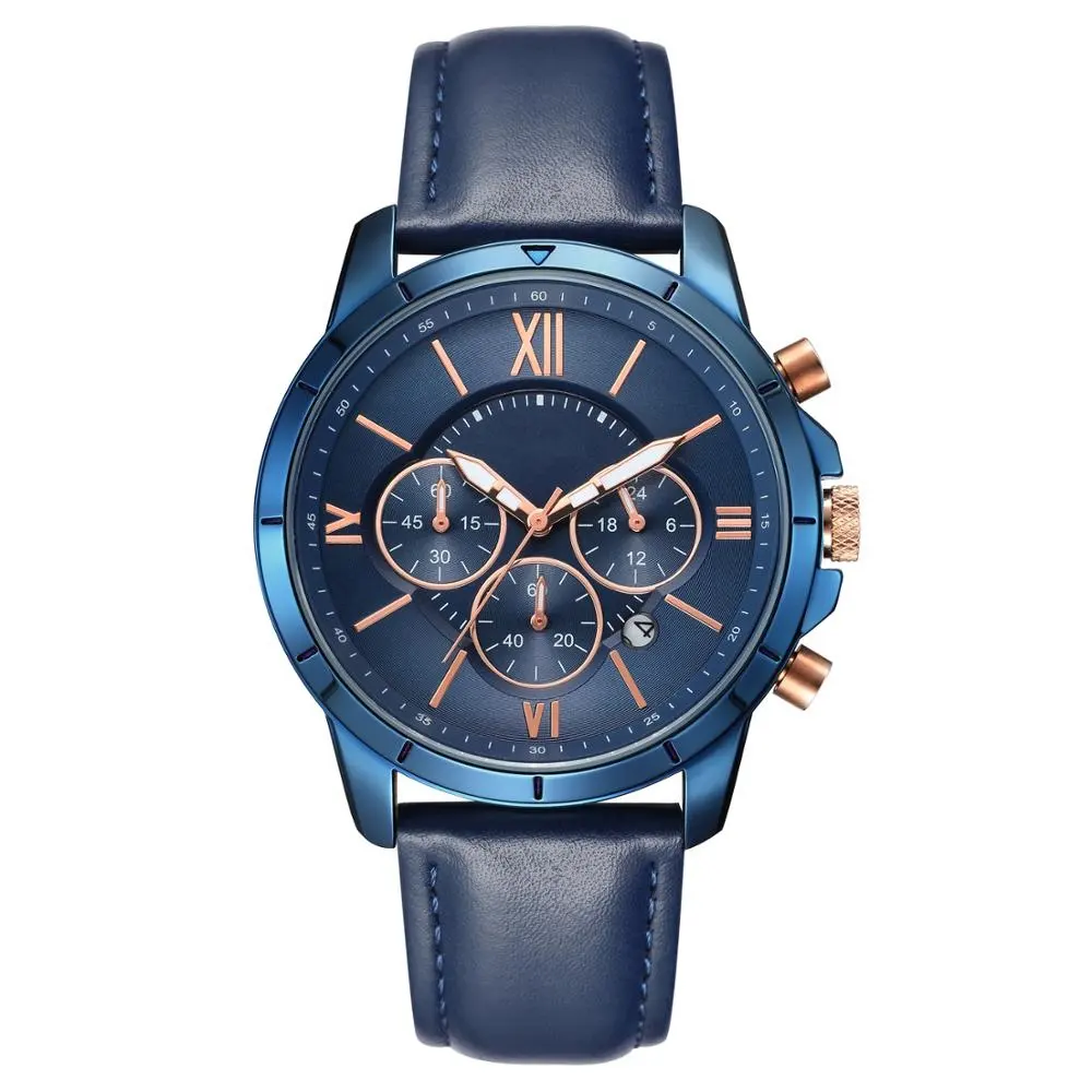 Classic Chronograph Quartz Blue Color Plated High Quality Men Leather Quartz Watch