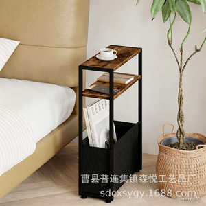 Solid Wood And Iron Side Table 3 Tier With Storage Basket For Living Room <b>Sofa</b> Gap Bedroom Narrow Shelf - Product Image 4