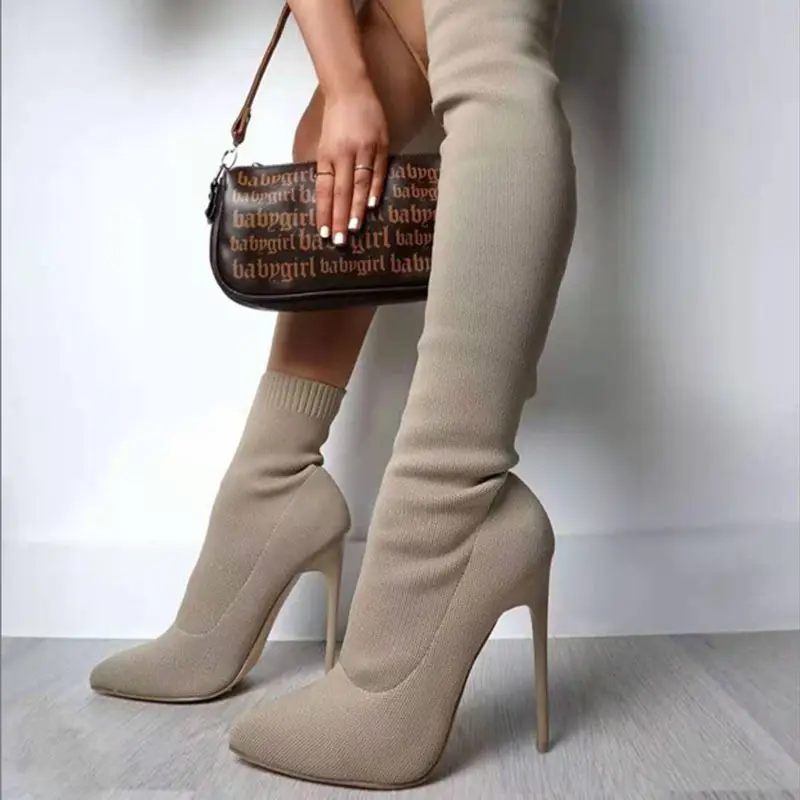 2022 Autumn most popular style beige white high stretch knit long sock thigh high heels boots