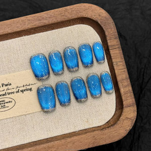 Faux <span class=keywords><strong>ongles</strong></span> à presser carrés moyens, style simple, bleu profond, <span class=keywords><strong>saphir</strong></span> œil de chat - Product Image 3