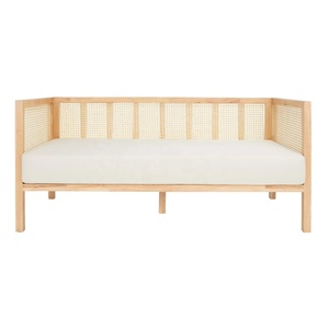 Sofá <span class=keywords><strong>Cama</strong></span> Ergonómico de 2 Plazas Tapizado en Lino con Ratán y Madera Maciza, con Almohada, Estilo Moderno Wabi-Sabi, Muebles para Espacios Pequeños - Product Image 3