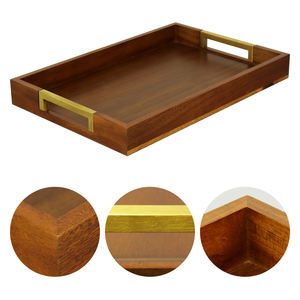 FSC & BSCIアカシア木製サービングトレイ金属ハンドル付きオットマントレイリビングルーム用コーヒーテーブル大型木製装飾トレイ - Product Image 4