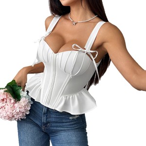 Débardeur Sexy à Lanières avec Nœud et Laçage pour Femme Dos Nu à Bretelles Croisées Corset Blanc à Volants et Baleines Bustier Camisole - Product Image 5