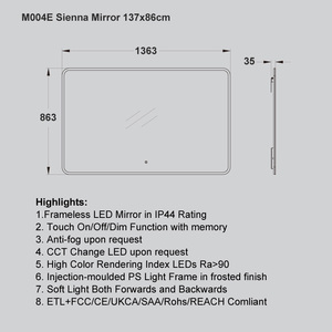 NewThingLine Moderne Ontwasemingssysteem LED IP44 Badkamer Spiegel Touchschakelaar |   Frameloze, aan de muur gemonteerde, dimbare verlichte wastafel - Product Image 3
