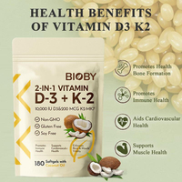 Bioby OEM Marque Privée Vitamine D3 10000UI K2 200mcg MK-7 Gélules Molles Huile de Coco Soutien Immunitaire et Osseux 180 Comprimés