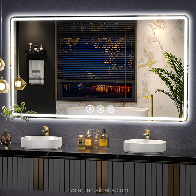 Modern Illuminated Anti-Fog Rectangular Frameless Wall-Mounted Touch LED Light Bluetooth IP65 Waterproof Magnifying Smart Mirror