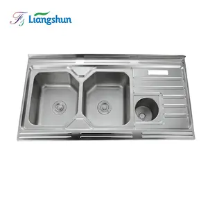 LW-12060时尚Topmount 304不锈钢手工双碗厨房水槽，带排水板和垃圾箱