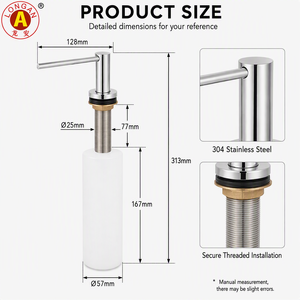 Distributeur de savon en acier inoxydable intégré pour évier de cuisine, résistant aux produits chimiques, durable, pompe à savon liquide rechargeable, usine OEM - Product Image 2