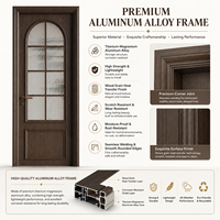 Porte battante intérieure à arche française en verre cannelé, cadre en alliage titane-magnésium-aluminium, finition minimaliste à effet bois.
