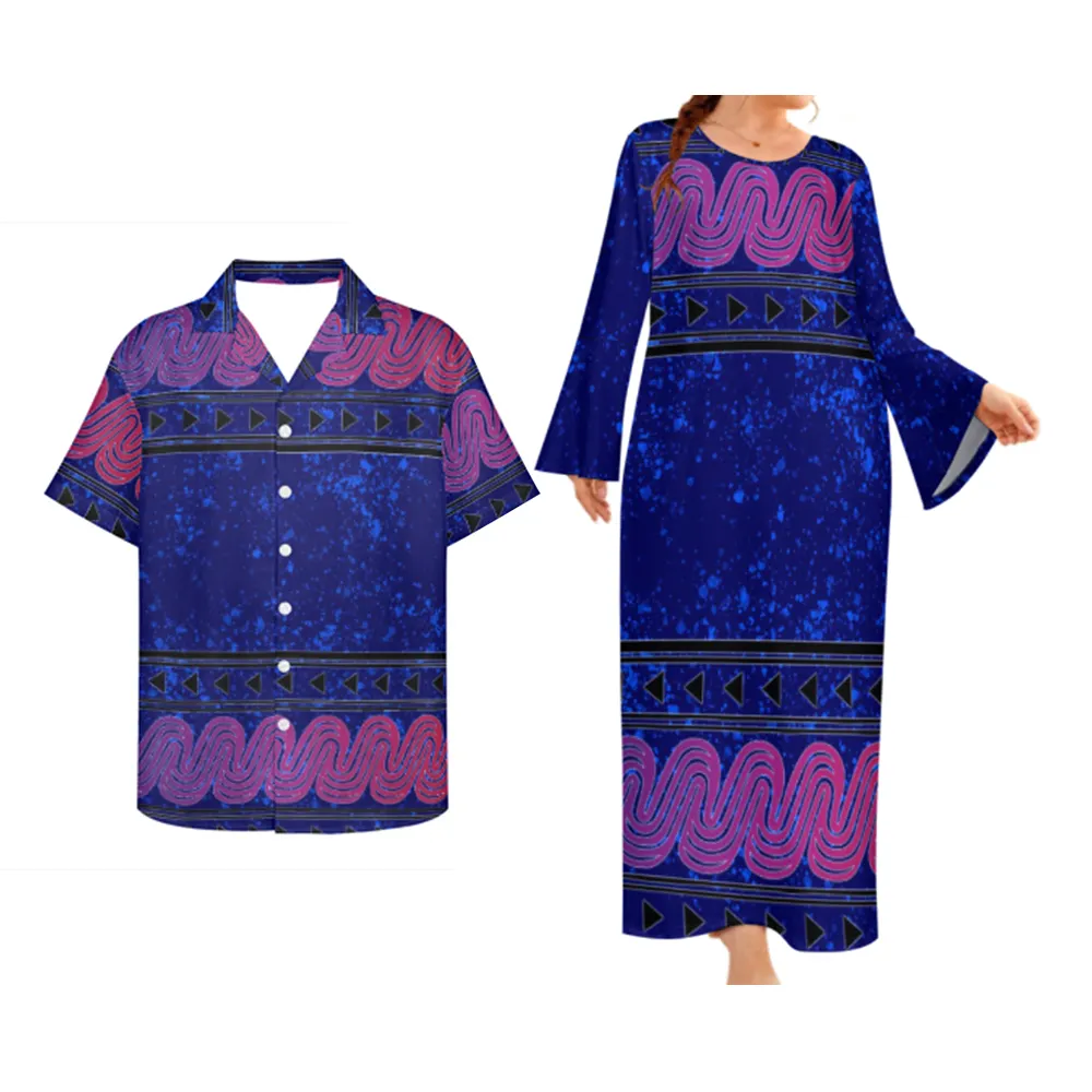 Custom Elei Printing Pacific Island Art Design Couple Suit Business Casual Men Shirts And Long Flare Sleeve Dress Dresses