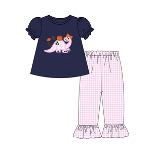 Vêtements pour enfants avec volants de service OEM personnalisé, ensemble de pantalons à clochettes, ensemble avec appliques dinosaures pour filles - Product Image 1
