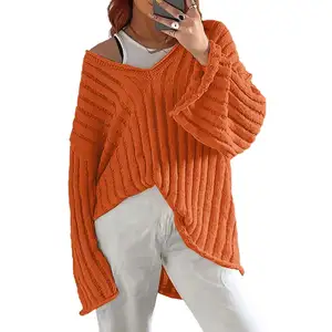 Orange Pullover Sweater Loose V Neck Women's Clothing Oversized Kint Sweater