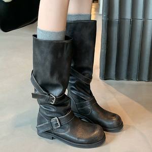Nouvelles <span class=keywords><strong>Bottes</strong></span> Mi-Mollet Femme Style Automne/Hiver à Talon Carré et Plateforme, Bout Rond, Manchette en Caoutchouc, <span class=keywords><strong>Bottes</strong></span> Chevalier à Tige Large - Product Image 3