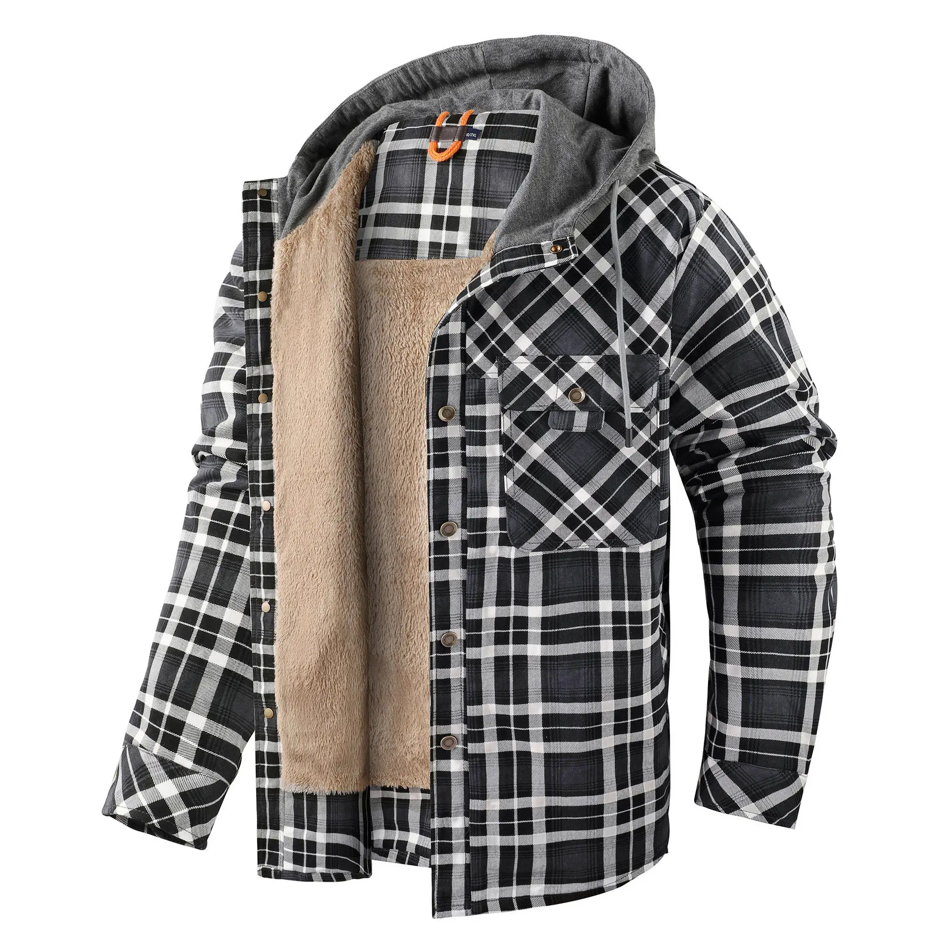 Мужская хлопковая клетчатая рубашка, куртка с флисовой подкладкой, фланелевые рубашки, пуховики с капюшоном для мужчин