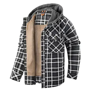 Men's Cotton Plaid Shirts Jacket Fleece Lined Flannel Shirts Button Down Jackets with Hood for Men