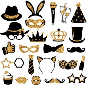 Accesorios para fotomatón de fiesta, mezcla de sombreros, copa de <span class=keywords><strong>vino</strong></span>, lápiz labial, corbata, <span class=keywords><strong>coronas</strong></span> y más, para variedad de suministros de fiesta y boda, color dorado limón - Product Image 2