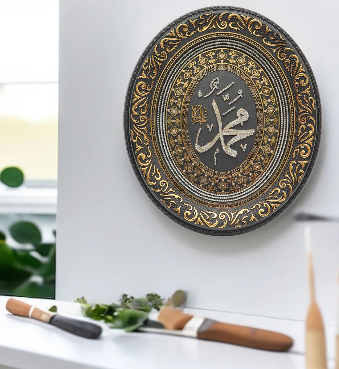 Luxury Design Islamic Wall Art And Decorations With Shiny Crystal Stone And Framed Gold Silver Popular Color Muslim Wall Art