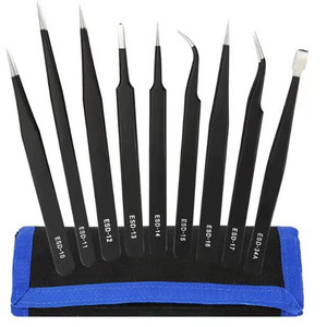 Affordable kit with 9 ESD tweezers in canvas bag, stainless steel bird's nest cleaning tools, straight and curved tips, - Product Image 1