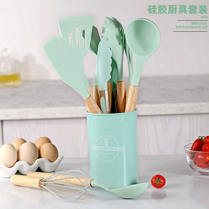 Silicone Kitchenware 12-Piece Set With Wooden Handles Non Stick Spatula <b>Cooking</b> Tools Heat Resistant Food Grade - Product Image 1