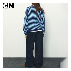 Fábrica de Suéteres con Certificación BSCI, Suéter Informal para Mujer, Nuevo Diseño a Rayas, Transpirable, Jacquard, de Punto, Invernal, de Algodón - Product Image 4