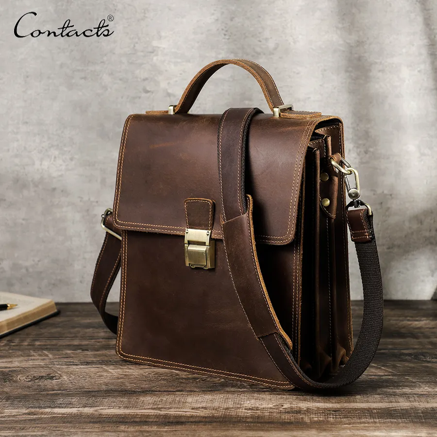 CONTACTS Vintage Genuine Leather Shoulder Bag European Style Multi Compartment Leather Strap Pad Crossbody Men Handbag for ipad