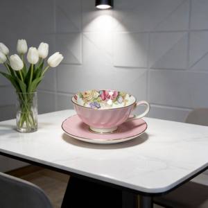 Taza y Platillo de Porcelana Blanca Ecológica, Diseño de Borde Floral, Hecho a Medida <span class=keywords><strong>en</strong></span> China, Marca HARVIT, para Regalos Empresariales, Gran Venta - Product Image 5