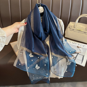 Châles en mélange de polyester et de soie brodés de papillons pour femmes, couleur unie, effet soie brillante, écharpe-stola avec perles, hijabs - Product Image 3