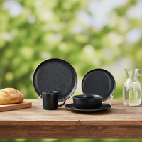 Service de table de luxe 4 pièces en céramique émaillée noire – Bols et assiettes résistants à la chaleur, compatibles micro-ondes et anti-fuite