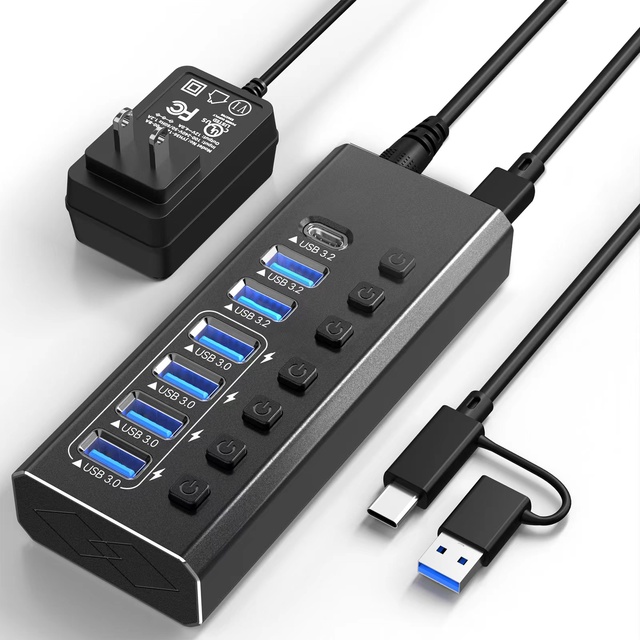 7 in 1 Usb &Type-C 3.0 Data Hub 10Gbps with Individual Power Switches for Desktop Laptop Computer