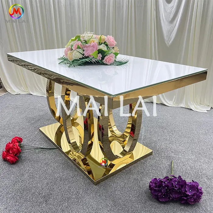Furnitur luar ruangan Modern kustom kaca tahan karat emas atas persegi panjang meja makan untuk pernikahan