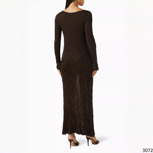 Dark Brown Crinkle Knit Maxi Dress Long Sleeve Deep V-Neck Double Front Slits Textured Bodycon Dress for <strong>Women</strong> - Product Image 6