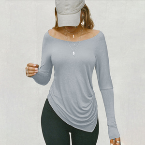 Z-3168 T-shirt femme uni extensible à manches longues, ourlet irrégulier, col rond, tricoté, décontracté, polyvalent, mode, coupe ajustée - Product Image 2