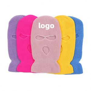 Pasamontañas de punto personalizado de calidad al por mayor con bordado, cubre rostro completo, 3 orificios, para esquí, gorro de invierno para hombres y mujeres - Product Image 1