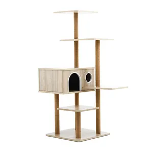卸売木製サイザル麻マルチレベルリビングルーム猫タワー猫エンターテインメントツリースクラッチツリー