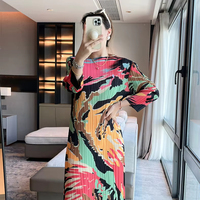 Nouvelle robe plissée imprimée style Miyake pour femme, manches longues, élastique, décontractée, pour le bureau, robe midi, en stock