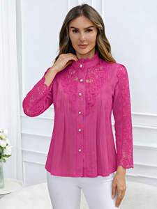 Chemisier en dentelle fuchsia grande taille pour femme, chemise à col montant et boutons perlés, tunique ample à manches longues coupe trapèze - Product Image 3