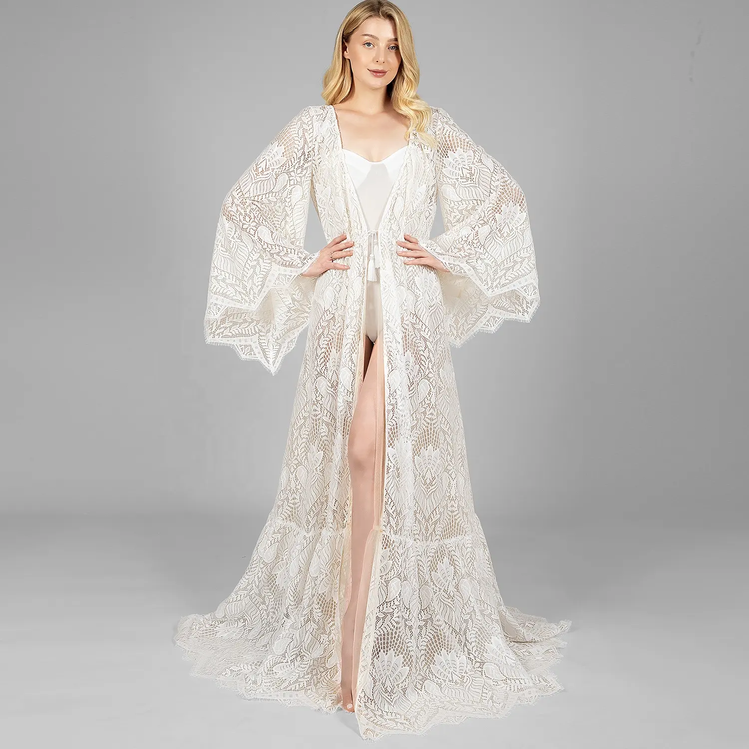 Yanzi Ivory Lace Robe Long for Bride Wedding Luxury Sheer Boudoir Nightgown Sleep Dress Nightwear Women's House Tulle Robe