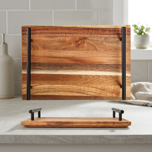 Custom Polished Minimalist Kitchen & Tabletop Acacia Wooden Breakfast & Back to School Serving Tray with Metal Handle <b>Plate</b> Dish - Product Image 2