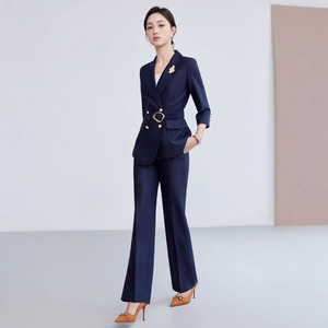 Women's Elegant Three Quarter Sleeve Suit Set Blue Blazer High-End Professional Commuting Anti-Wrinkle Polyester Worsted Summer - Product Image 1