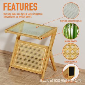 Bamboo Coffee <b>Table</b> With Storage Natural <b>Brown</b> Tempered Glass Top Bedroom Living Room Outdoor Use - Product Image 1