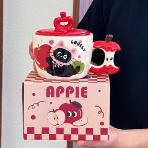 Apple Cat <b>Ceramic</b> <b>Mug</b> With Lid And Handle Cute Cartoon Design For Girls Students Dorm Office Use Red Green Colors Available - Product Image 5